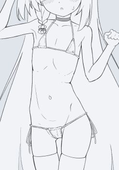  1girl arm_up bikini blue_archive blush braid choker collarbone cowboy_shot eyes_out_of_frame flat_chest grey_background groin hand_up head_out_of_frame highres loli long_hair micro_bikini midriff monochrome navel open_mouth parted_lips plana_(blue_archive) ribs side-tie_bikini_bottom side_braid single_braid skinny slim_legs solo sweatdrop swimsuit thighhighs very_long_hair ypyp33333  rating:Questionable score:3 user:CunnyInc