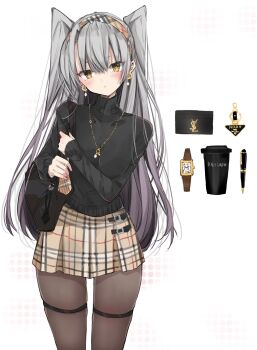 1girl alternate_costume amatsukaze_(kancolle) bag black_sweater brown_eyes brown_pants chigasaki_yukari commentary_request cowboy_shot cup disposable_coffee_cup disposable_cup grey_hair grey_pantyhose hairband handbag highres jewelry kantai_collection long_hair looking_at_viewer necklace pants pantyhose pen plaid_clothes plaid_skirt pleated_skirt prada_(brand) simple_background skirt solo sweater thighband_pantyhose two_side_up wallet watch what's_in_my_bag white_background wristwatch yves_saint_laurent