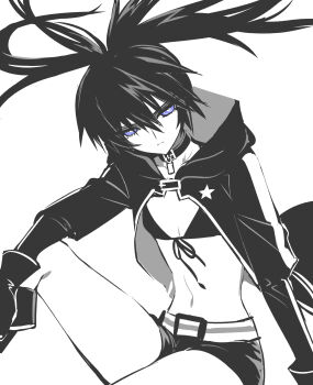  1girl absurdres belt bibabunie bikini black_choker black_gloves black_hair black_rock_shooter black_rock_shooter_(character) black_shorts blue_eyes choker commentary_request front-tie_bikini_top front-tie_top gloves highres long_hair no_shirt pale_skin shorts sitting solo swimsuit twintails uneven_twintails 