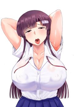  1girl arms_behind_head blue_skirt blush breasts brown_eyes cleavage covered_erect_nipples deep_valley female_focus fujimiya_megumi hair_ornament highres inkou_kyoushi_no_saimin_seikatsu_shidouroku large_breasts long_hair looking_at_viewer nipples open_mouth purple_hair shirt skirt solo tongue tongue_out white_shirt 
