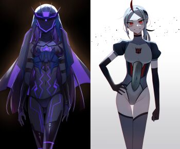  2girls black_gloves black_leotard black_visor commentary_request covered_navel deception elbow_gloves evil_grin evil_smile genderswap genderswap_(mtf) gloves grey_thighhighs grin hand_on_own_hip highres humanization idzuki_kenkyu-in kotobukiya_bishoujo leotard long_hair looking_at_viewer low_ponytail multiple_girls ponytail puffy_short_sleeves puffy_sleeves purple_hair red_eyes short_ponytail short_sleeves simple_background smile soundwave_(transformers) starscream teeth thighhighs transformers transformers:_prime white_hair 