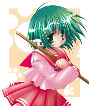  1girl android bad_id broom closed_mouth cowboy_shot green_eyes green_hair holding holding_broom looking_at_viewer lowres medium_hair minazuki_haruka miniskirt multi_(to_heart) paw_print paw_print_background pleated_skirt red_sailor_collar red_skirt robot_ears sailor_collar school_uniform serafuku shirt skirt solo standing tearing_up to_heart to_heart_(series) white_shirt 