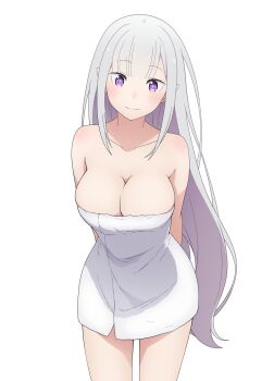  1girl absurdres arms_behind_back blue_pupils breasts cleavage closed_mouth coro_fae emilia_(re:zero) grey_hair highres large_breasts looking_at_viewer naked_towel pointy_ears purple_eyes re:zero_kara_hajimeru_isekai_seikatsu simple_background smile solo towel white_background 