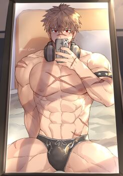  1boy bernheim_(king's_raid) briefs brown_hair bulge collarbone earphones hashtag-only_commentary highres holding holding_phone king's_raid large_pectorals male_focus male_swimwear male_underwear manly mexil_eyen mirror multiple_scars muscular muscular_male nipples official_alternate_costume pectoral_cleavage pectorals phone red_eyes scar scar_on_arm scar_on_chest scar_on_face scar_on_nose scar_on_pecs scar_on_shoulder scar_on_stomach scar_on_thighs selfie shredded_muscles sitting swim_briefs thick_thighs thighs underwear v-taper 