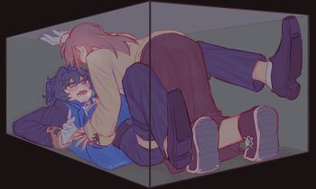  2girls black_jacket black_shoes blue_eyes blue_hair blue_shirt blush brown_hair brown_skirt commentary fangs gloves hair_intakes hololive hololive_english hydroxyl jacket long_hair multiple_girls nanashi_mumei open_mouth ouro_kronii shirt shoe_soles shoes skin_fangs skirt stuck_in_a_box sweat symbol-only_commentary virtual_youtuber white_gloves yellow_shirt yuri 