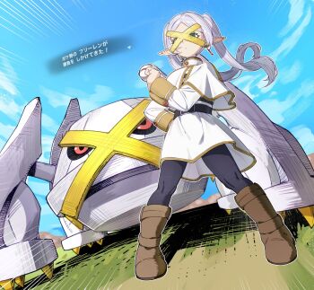  ! 1girl 1other :/ alternate_color artist_request black_sclera blue_sky claws colored_sclera cosplay crossover day dress dutch_angle elf frieren fryer full_body gen_3_pokemon green_eyes grey_hair highres holding holding_poke_ball long_hair look-alike looking_ahead metagross metagross_(cosplay) nintendo no_humans pointy_ears poke_ball pokemon pokemon_(creature) premium_ball pun shiny_pokemon simple_background sky sousou_no_frieren standing translation_request twintails white_dress 