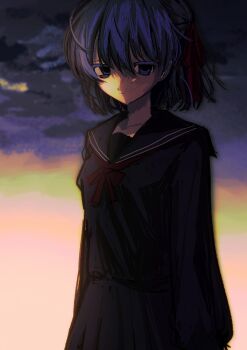 1girl absurdres black_serafuku fate/stay_night fate_(series) gradient_sky hair_ribbon highres long_sleeves matou_sakura mc_f_167 medium_hair outdoors purple_eyes purple_hair red_ribbon ribbon school_uniform serafuku sky solo sunset upper_body 