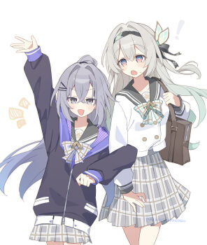  ! 2girls :d absurdres alternate_costume bag black_jacket black_sailor_collar blue_eyes blue_hair brown_bag commentary_request cowboy_shot firefly_(honkai:_star_rail) firefly_(spring_missive)_(honkai:_star_rail) gradient_hair green_hair grey_eyes grey_hair grey_skirt hair_between_eyes highres honkai:_star_rail honkai_(series) jacket multicolored_eyes multicolored_hair multiple_girls open_mouth plaid_clothes plaid_skirt pleated_skirt ponytail sailor_collar shoulder_bag silver_wolf_(honkai:_star_rail) simple_background skirt smile sweatdrop two-tone_eyes uwasewau white_background 