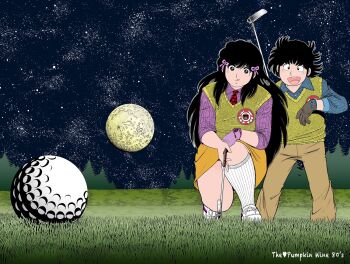 1boy 1girl :q aoba_shunsuke asaoka_natsumi ball black_eyes black_gloves black_hair blue_shirt brown_eyes brown_pants collared_shirt commentary_request copyright_name full_moon gloves golf golf_ball golf_club grass hair_ribbon heart heart_print highres holding holding_golf_club kneehighs long_hair looking_at_object miura_mitsuru moon necktie night official_artist_extra open_mouth orange_skirt outdoors pants pink_gloves playing_sports print_necktie purple_shirt ribbon shirt shoes short_hair single_glove skirt sky smile sneakers socks squatting standing star_(sky) starry_sky sweater_vest teeth the_kabocha_wine tongue tongue_out upper_teeth_only white_shoes white_socks yellow_ribbon yellow_sweater_vest