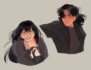  2girls black_coat black_hair black_shirt character_request check_character clenched_teeth coat collared_shirt commentary english_commentary furrowed_brow genderswap genderswap_(mtf) hand_on_another's_wrist highres kdj143637 long_hair motion_lines multiple_girls narrowed_eyes omniscient_reader's_viewpoint open_clothes open_coat serious shirt short_hair strangling teeth yoo_joonghyuk 