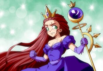  1girl 2000s_(style) bare_shoulders belt blush breasts cleavage clovenfawn crown derivative_work drawfee dress elbow_gloves frown gloves green_eyes hair_slicked_back hairline highres holding holding_scepter long_hair off-shoulder_dress off_shoulder parted_lips princess princess_bridgeton puffy_short_sleeves puffy_sleeves purple_dress red_hair scepter screenshot_redraw short_sleeves sweat thick_eyebrows tiara very_long_hair 