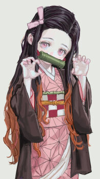  1girl absurdres asa_no_ha_(pattern) bamboo bit_gag black_hair brown_hair commentary_request gag gagged gradient_hair hair_ribbon highres japanese_clothes kamado_nezuko kimetsu_no_yaiba kimono long_hair long_sleeves looking_at_viewer mouth_hold multicolored_hair pink_eyes pink_kimono pink_ribbon revision ribbon shiren_(ourboy83) solo very_long_hair 