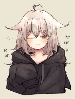  1girl ahoge black_hoodie commentary_request hair_ornament highres hood hoodie long_sleeves looking_at_viewer mayu_(meguru_1225) meguru_1225 one_eye_closed original red_eyes sleeves_past_fingers sleeves_past_wrists solo white_hair 