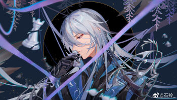  1boy armor black_background black_gloves black_jacket blue_background blue_shirt border broken cael_anselm cael_anselm_(until_the_end_of_time) chess_piece chinese_commentary clerical_collar commentary_request commission contrast_lapels expressionless flower gloves hair_between_eyes hair_flowing_over hand_up highres holding holding_chess_piece jacket lapels light_particles long_bangs long_hair long_hair_between_eyes looking_at_object loosely_tucked_bangs lovebrush_chronicles male_focus motion_blur object_to_mouth parted_lips pauldrons portrait profile purple_eyes purple_flower purple_ribbon restrained ribbon round_border shiling shirt shoulder_armor shoulder_guard single_pauldron solo two-tone_background vambraces very_long_hair watermark weibo_watermark white_hair wisteria wrist_ribbon 