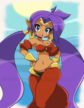  1girl armlet artist_name baggy_pants blue_eyes border bra bracelet breasts cloud dark-skinned_female dark_skin datwondoude earrings gold_armlet gold_bracelet gold_earrings highres hoop_earrings jewelry long_hair looking_at_viewer navel pants purple_hair red_pants shantae shantae_(series) sky solo sun teeth twintails underwear upper_teeth_only white_border 