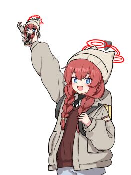 &gt;:3 1girl :d backpack bag black_pantyhose blue_archive blue_eyes character_doll doll hair_between_eyes halo hat highres hood hooded_jacket jacket long_hair long_sidelocks long_sleeves looking_at_viewer maki_(blue_archive) maki_(camp)_(blue_archive) official_alternate_costume official_alternate_hairstyle open_clothes open_jacket open_mouth pantyhose red_hair red_halo red_sweater red_sweater_vest shirt shorts sidelocks simple_background smile solo sweater sweater_vest twintails undershirt uranium10 white_background white_shirt