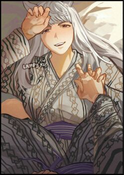  2girls animal_ears bath_yukata blunt_bangs breasts commentary_request girl_on_top gold_ship_(umamusume) grey_hair grey_kimono highres holding_hands horse_ears horse_girl japanese_clothes kimono lampy_uikoko long_hair long_sleeves lying mejiro_mcqueen_(umamusume) multiple_girls on_back open_mouth purple_eyes purple_sash sash smile teeth umamusume upper_teeth_only yukata yuri 