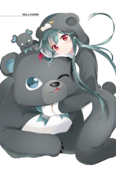  029 1girl animal animal_costume animal_ears animal_hood bear_costume bear_ears bear_hood bear_tail blue_eyes blush cosplay green_hair hair_ribbon hand_puppet highres hood hood_up hug kigurumi kneeing kuma_kuma_kuma_bear kumayuru_(kuma_kuma_kuma_bear) long_hair looking_at_viewer official_art one_eye_closed puppet red_eyes ribbon simple_background smile solo tail third-party_source white_background yuna_(kuma_kuma_kuma_bear) 