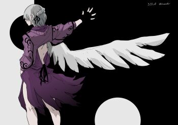  1girl absurdres angel_wings back_cutout braid clothing_cutout commentary dress facing_away feathered_wings fingerless_gloves full_moon gloves highres kishin_sagume ma_(22mabo) moon outstretched_arm purple_dress single_wing solo touhou white_wings wings 