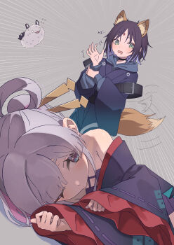  2girls @_@ absurdres animal_ears armpit_crease bare_shoulders black_hair blue_eyes blue_hair blue_kimono cho_kaguya-hime! commentary_request criss-cross_halter drooling emphasis_lines feigning_sleep flying_sweatdrops forehead_jewel fox_ears fox_girl fox_tail frilled_sleeves frills fushi_(cho_kaguya-hime!) green_eyes grey_background grey_hair hair_ornament hair_rings hair_stick halterneck highres holding_own_wrist japanese_clothes kimono long_sleeves looking_at_another lying medium_hair mouth_drool multicolored_eyes multicolored_hair multiple_girls nervous_sweating off_shoulder on_side one_eye_closed open_mouth pink_hair purple_eyes purple_hair rezin531 runami_yachiyo sakayori_iroha sea_slug simple_background sweat tail tail_wagging wide_sleeves yuri 