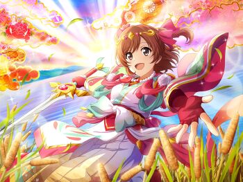  1girl aijou_karen beckoning brown_eyes brown_hair cattail cosplay fingerless_gloves flower game_cg gloves hair_ribbon headpiece holding holding_sword holding_weapon japanese_clothes japanese_mythology jewelry kimono light_rays looking_at_viewer necklace obi official_art okuninushi okuninushi_(cosplay) open_mouth pearl_necklace pink_ribbon plant red_gloves ribbon sash short_hair shoujo_kageki_revue_starlight shoujo_kageki_revue_starlight_-re_live- solo sword tomoe_(symbol) two_side_up upper_body water weapon white_kimono wide_sleeves 