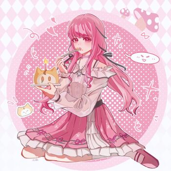  1girl argyle_background bare_shoulders bead_necklace beads belt birthday birthday_cake black_belt black_bow black_ribbon bow bow_choker bowtie bra_strap buttons cake center_frills character-themed_food chinese_commentary choker circle commentary_request crumbs dot_nose expressionless eyelashes food fork frilled_shirt frilled_skirt frilled_sleeves frills full_body hair_bow hair_ribbon halftone halftone_background happy head_only heart hexagram highres holding holding_fork holding_plate infinity_nikki jewelry kneehighs layered_skirt light_blush long_hair long_sidelocks long_sleeves looking_at_viewer low_twintails mary_janes medium_skirt momo_(nikki) mushroom necklace nikki_(nikki) nikki_(series) notice_lines off-shoulder_shirt off_shoulder open_mouth outline outside_border perfect_start_(infinity_nikki) pink_background pink_bow pink_bowtie pink_choker pink_eyes pink_hair pink_ribbon pink_shoes pink_skirt plate pleated_skirt print_skirt puffy_long_sleeves puffy_sleeves ribbon see-through_clothes see-through_sleeves shirt shoes sidelocks single_stripe skirt sleeves_past_wrists snowflake_print snowflakes socks speech_bubble spoken_expression star_(symbol) star_necklace striped_bow striped_bowtie striped_choker striped_clothes teeth tress_ribbon twintails two-tone_background upper_teeth_only very_long_hair wavy_hair white_background white_outline white_shirt white_skirt white_socks zaicheng 