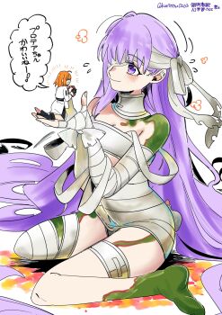  2girls ahoge bandage_over_one_eye bandaged_arm bandaged_leg bandages black_boots boots commentary_request dress fate/grand_order fate_(series) fujimaru_ritsuka_(female) fujimaru_ritsuka_(female)_(decisive_battle_chaldea_uniform) giant giantess highres kingprotea_(fate) kuriimu0203 long_hair multiple_girls orange_hair purple_eyes purple_hair sitting smile twitter_username very_long_hair wariza white_background white_dress 