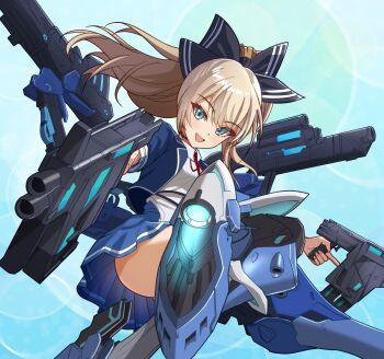  1girl absurdres armored_boots ass black_bow black_ribbon blonde_hair blue_eyes blue_jacket blue_skirt blue_sky boots bow breasts commentary_request convenient_censoring dual_wielding gun hair_bow hair_ribbon highres holding holding_gun holding_weapon jacket kaze_(starward) long_sleeves looking_at_viewer mecha_musume mechanical_legs miniskirt neck_ribbon open_mouth osunahanko pleated_skirt ponytail red_ribbon ribbon school_uniform shirt skirt sky solo starward weapon white_shirt 