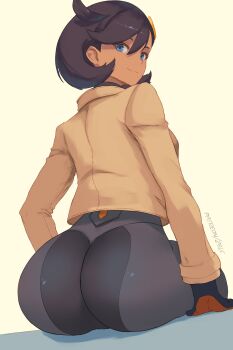  1girl ass ass_focus black_bodysuit black_hair blue_eyes bob_cut bodysuit bodysuit_under_clothes brown_jacket closed_mouth commentary dark-skinned_female dark_skin emma_(pokemon) english_commentary from_behind highres huge_ass jacket long_sleeves looking_at_viewer looking_back nintendo pokemon pokemon_legends:_z-a short_hair sitting smile solo zelc-face  rating:Sensitive score:40 user:danbooru