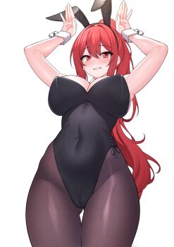 1girl absurdres animal_ear_hairband animal_ears black_leotard black_pantyhose breasts cameltoe commentary_request commission cowboy_shot fake_animal_ears from_below gluteal_fold hairband highres kkam-sang korean_commentary large_breasts leotard long_hair looking_at_viewer original pantyhose playboy_bunny ponytail rabbit_ears rabbit_pose rabbit_tail red_eyes red_hair solo strapless strapless_leotard tail thigh_gap wrist_cuffs