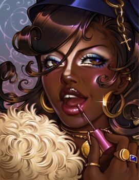  1girl animal_print applying_lipgloss applying_makeup babybeetlekat black_hat blue_background blue_eyeshadow blue_gem brown_eyes brown_hair chain close-up commentary commission cross_hat_ornament curled_ends dark-skinned_female dark_skin ear_piercing earrings english_commentary eyelashes eyeshadow fashion fingernails flipped_hair flourish_(design) fur_trim gem glint gold_chain gold_choker gold_earrings gold_piercing gold_ring gradient_background gyaru gyaru_makeup hair_between_eyes hat hat_chain highlighter_(makeup) highres hoop_earrings jewelry leopard_print light_smile lipgloss lipgloss_tube long_fingernails looking_ahead looking_to_the_side makeup mascara medium_hair mole mole_on_cheek multiple_rings nail_art nose onee_gyaru open_mouth original ornate_ring peaked_cap piercing pink_background procreate_(medium) ring shiny_skin swept_bangs teeth thick_lips tongue two-tone_background two-tone_eyeshadow upper_teeth_only white_eyeshadow 