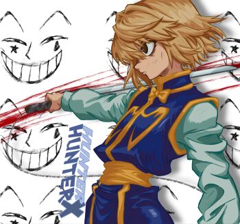  1boy androgynous blonde_hair blue_tabard chain clerical_collar closed_mouth highres hisoka_morow hunter_x_hunter jacket jewelry kurapika long_sleeves looking_at_viewer male_focus pippisplanet shirt short_hair simple_background solo star_(symbol) tabard upper_body white_background white_shirt 