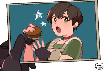  1girl bishoujo_senshi_sailor_moon brown_hair choker fingerless_gloves food gloves highres kamii_momoru meme open_mouth rebecca_chambers resident_evil resident_evil_0 resident_evil_requiem sailor_mercury_eating_a_burger_(meme) short_hair solo 