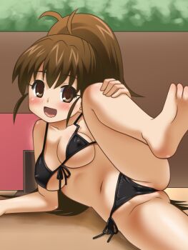 1girl :d arm_support awa bad_anatomy barefoot blush bra breasts brown_eyes brown_hair cameltoe covered_erect_nipples feet female_focus front-tie_top lying on_side open_mouth panties partially_visible_vulva ponytail side-tie_panties smile solo spread_legs taneshima_popura tareme underwear underwear_only working!! rating:Questionable score:74 user:internetlovemachine