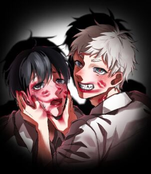  1boy after_kiss black_hair blush collared_shirt commentary grey_eyes grin hands_on_another's_face heart heart-shaped_pupils highres hikaru_ga_shinda_natsu indou_hikaru lipstick_mark lipstick_mark_on_face looking_at_another looking_at_viewer male_focus mam_memi mole mole_on_cheek mole_under_eye mole_under_mouth multiple_moles red_lips red_pupils shadow shirt short_eyebrows short_hair short_sleeves smile solo spotlight symbol-only_commentary symbol-shaped_pupils tsujinaka_yoshiki white_hair white_shirt yaoi 