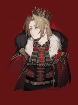  1boy absurdres ahoge alternate_costume black_pants blonde_hair braid braided_ponytail cape cbow character_name commentary_request cropped_torso crown curtained_hair edward_elric fullmetal_alchemist fur-trimmed_cape fur_trim highres king long_hair looking_to_the_side male_focus pants parted_lips red_background red_cape simple_background solo teeth yellow_eyes 