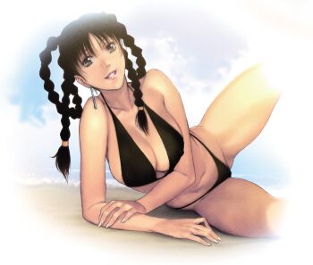  1girl arm_support bare_shoulders beach bikini black_bikini black_eyes black_hair braid breast_press breasts brown_eyes cleavage clenched_teeth cloud covered_erect_nipples dead_or_alive earrings female_focus grin happy highres homare_(fool's_art) jewelry large_breasts leg_up legs lei_fang long_hair looking_at_viewer lying navel ocean on_side sand sky smile solo swimsuit teeth thighs twin_braids water  rating:Sensitive score:73 user:Kentabarou