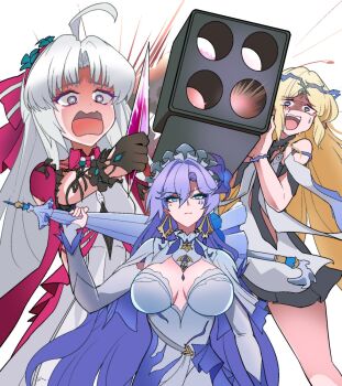  3girls ahoge black_gloves bow cantarella_(wuthering_waves) carlotta_(wuthering_waves) cartethyia_(wuthering_waves) commando_(movie) commentary_request crown_of_thorns crystal dorinhakawaii explosive flower gloves hair_bow hair_flower hair_ornament hairband headdress highres holding holding_crystal holding_rocket_launcher holding_umbrella holding_weapon jacket mark_under_eye multiple_girls multishot_rocket_launcher open_mouth parasol parody parted_bangs pink_bow pink_hairband pink_jacket pointy_ears purple_hair purple_umbrella rocket_launcher shrug_(clothing) striped_bow umbrella weapon white_shrug wuthering_waves 