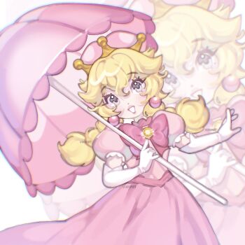  1girl blonde_hair bow bowtie brooch crossed_bangs dress earrings elbow_gloves gloves grey_eyes hair_between_eyes highres holding holding_umbrella image_sample jewelry long_hair mario_(series) multi-tied_hair new_super_mario_bros._u_deluxe nintendo open_mouth pale_color pale_skin peachette pink_bow pink_bowtie pink_dress pink_lips pink_umbrella princess princess_dress puffy_sleeves reddit_sample short_sleeves simple_background smile sphere_earrings super_crown twintails umbrella vixiiart watermark white_background white_gloves zoom_layer 