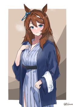  1girl animal_ears bath_yukata blue_eyes blue_robe blush bow braid breasts brown_hair closed_mouth commentary_request ear_bow grey_kimono hair_between_eyes highres horse_ears horse_girl japanese_clothes kimono large_breasts long_hair looking_at_viewer mitsune_(3chune) multicolored_hair open_clothes open_robe robe solo streaked_hair super_creek_(umamusume) sweat towel umamusume very_long_hair white_hair yukata 