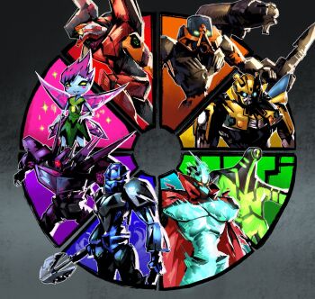  1girl alien autobot ben_10 bionicle blue_skin bumblebee_(transformers) cape chou_tengen_toppa_gurren-lagann color_wheel_challenge colored_skin commentary decepticon dress english_commentary eva_02 evangelion_(mecha) fairy fairy_wings gali_(bionicle) glowing glowing_eye glowing_eyes green_dress green_eyes highres holding holding_weapon humanoid_robot looking_down mecha multiple_drawing_challenge neon_genesis_evangelion one-eyed pesky_dust pohatu_(bionicle) polearm prog_ares purple_hair red_cape robot shoulder_cannon solid_eyes soundwave_(transformers) sparkle tengen_toppa_gurren_lagann the_lego_group transformers transformers:_rise_of_the_beasts transformers_(live_action) transformers_prime upgrade_(ben_10) weapon wings 