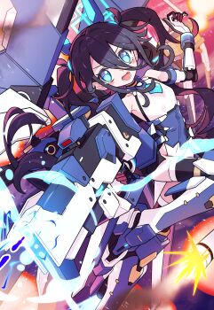  1girl aqua_halo aris_(armed)_(blue_archive) aris_(blue_archive) bare_shoulders black_hair blue_archive blue_eyes blue_necktie breasts commentary_request double-parted_bangs foot_out_of_frame fuji_tarawi gun hair_between_eyes halo headgear highres holding holding_gun holding_weapon leotard long_hair long_hair_between_eyes looking_at_viewer mecha_musume mechanical_arms mechanical_legs mechanical_wings necktie official_alternate_costume official_alternate_hairstyle open_mouth railgun rectangular_halo ringed_eyes short_necktie showgirl_skirt small_breasts smile solo thighhighs twintails very_long_hair weapon white_leotard wings 