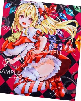 1girl ascot ass blonde_hair breasts crystal crystal_wings fangs flandre_scarlet hat highres laevatein_(touhou) large_breasts mob_cap multicolored_wings red_eyes red_shoes red_skirt ribbon shirt shoes side_ponytail sio_oekaki skirt skirt_set smile solo thick_thighs thighs touhou white_hat white_shirt wings yellow_ascot rating:Sensitive score:3 user:danbooru