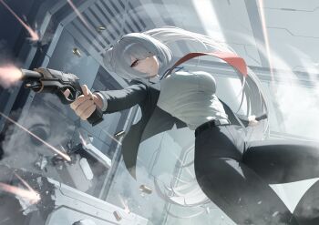  1girl absurdres aiming ak-15_(erwin)_(girls'_frontline) ak-15_(girls'_frontline) belt black_belt black_pants black_suit breasts business_suit buttons commentary commentary_request english_commentary finger_on_trigger firing formal_clothes girls'_frontline girls'_frontline_2:_exilium grey_hair gun hair_over_one_eye handgun highres holding holding_gun holding_weapon long_hair long_sleeves medium_breasts necktie official_alternate_hairstyle one_eye_covered pants purple_eyes red_necktie red_pupils shell_casing shirt solo suit tm9090 voymastina_(girls'_frontline_2) weapon white_shirt 