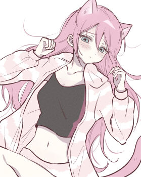  1girl :< absurdres alternate_costume animal_ears aubrey_(faraway)_(omori) aubrey_(omori) bare_legs black_camisole blue_eyes blush breasts camisole cat_ears cat_girl cat_tail cleavage closed_mouth collarbone commentary cowboy_shot double-parted_bangs dutch_angle english_commentary film_grain frown hair_between_eyes hair_spread_out hands_up highres jacket kemonomimi_mode long_sleeves looking_at_viewer lying midriff multicolored_jacket navel omori on_back open_clothes open_jacket pale_skin panties pink_hair pink_jacket pink_panties pink_tail puffy_long_sleeves puffy_sleeves raised_inner_eyebrows sidelocks simple_background small_breasts solo striped_clothes striped_jacket striped_panties tail two-tone_jacket two-tone_panties underwear white_background white_jacket white_panties wktdms1 