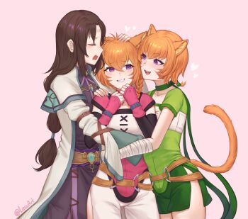  1boy 2girls absurdres animal_ears belt black_hair blush braid cat cat_ears cat_girl cat_tail choker closed_eyes collar collarbone commission commissioner_upload facepaint facial_mark fang fire_emblem fire_emblem:_path_of_radiance fire_emblem:_radiant_dawn forehead_mark gem glowing_gem green_choker green_collar green_gem green_shorts hair_between_eyes hand_guard headpat heart highres hug hug_from_side laguz_(fire_emblem) lesu lethe_(fire_emblem) long_hair lyre_(fire_emblem) multiple_girls nintendo o-ring o-ring_belt official_alternate_costume open_mouth orange_tail pink_background pink_choker pink_collar purple_eyes sash shorts siblings side_slit side_slit_shorts single_braid sisters soren_(fire_emblem) soren_(radiant_confidant)_(fire_emblem) tail thighs twins waist_sash whisker_markings wrist_wrap 