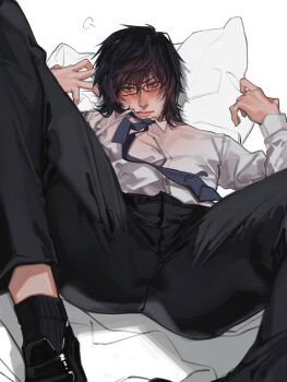  1boy ankle_socks black-framed_eyewear black_eyes black_hair black_pants black_shoes black_socks blue_necktie blush charluiu death_note dress_shirt glasses highres loafers looking_at_viewer loose_necktie lying male_focus medium_hair mikami_teru necktie on_back pants pillow pillow_grab shirt shoes socks solo spread_legs white_shirt  rating:General score:2 user:Menace5
