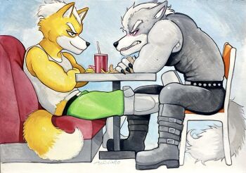  2boys animal_ears armored_boots black_boots black_pants black_shirt black_tank_top boots chair clenched_teeth closed_mouth crossed_arms cup disposable_cup earrings food fox_boy fox_ears fox_mccloud fox_tail french_fries furry furry_male green_pants highres jewelry male_focus multiple_boys nintendo on_chair pants profile scan sharp_teeth shirt signature sitting sleeveless sleeveless_shirt smile star_fox sweat tail tank_top teeth ulala_ko white_shirt white_tank_top wolf_boy wolf_ears wolf_o'donnell wolf_tail 