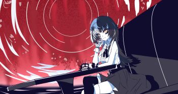  1girl absurdres arm_on_table belt black_belt black_eyeliner black_hair black_skirt black_thighhighs blush_stickers closed_mouth commentary couch crossed_legs elbow_on_table english_commentary eyeliner frilled_cuffs hair_ornament highres hololive hololive_english long_hair looking_at_viewer makeup multicolored_hair on_couch parody red_sky shiori_novella shirt shirt_tucked_in single_thighhigh sitting skirt sky smile solo split-color_hair split_mouth streaked_hair table the_noexistencen_of_you_and_me thecatborg thighhighs two-tone_hair virtual_youtuber white_hair white_shirt wrist_cuffs yellow_eyes yorick_(shiori_novella) 