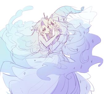  2girls bare_arms bare_shoulders breasts cookie_run curtained_hair dress elbow_gloves eye_contact face-to-face frilled_dress frills full_body gloves hand_on_another's_cheek hand_on_another's_face hand_up hat highres holding holding_sword holding_weapon humanization liquid_hair long_dress long_hair looking_at_another moonlight_cookie multiple_girls partially_colored profile purple_eyes sea_fairy_cookie see-through_clothes see-through_veil shime52631 simple_background small_breasts sparkle strapless strapless_dress striped_hat sword veil very_long_hair wavy_hair weapon white_background wizard_hat yuri 